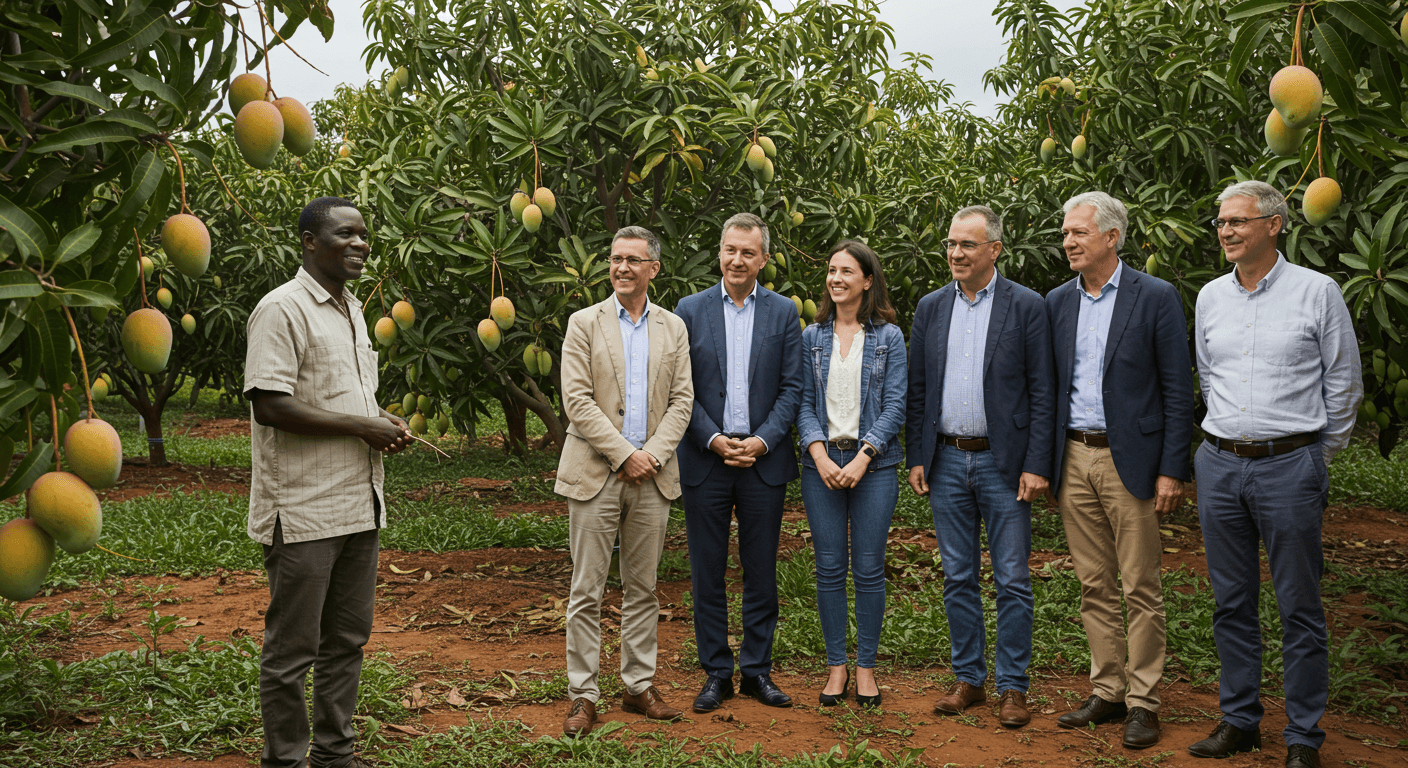 Il proprietario ivoriano di una piantagione di mango ha accolto per una visita i dirigenti dell’agroindustria spagnola (immagine generata dall’IA).
