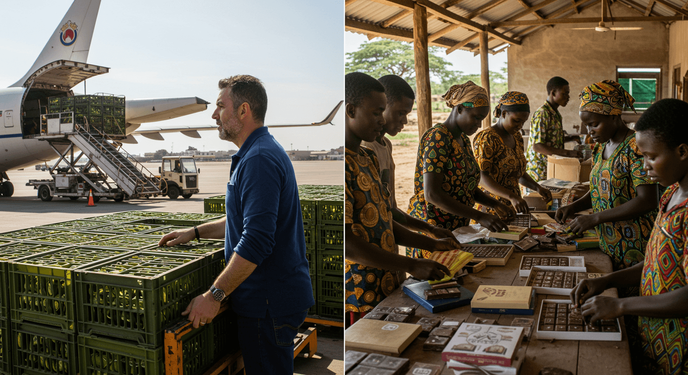 Estilo de pantalla dividida: a la izquierda, un exportador español de aceite de oliva cargando cajas en un avión de carga; a la derecha, una cooperativa ghanesa de cacao empaquetando barras de chocolate en estuches de regalo. (Imagen generada por IA)