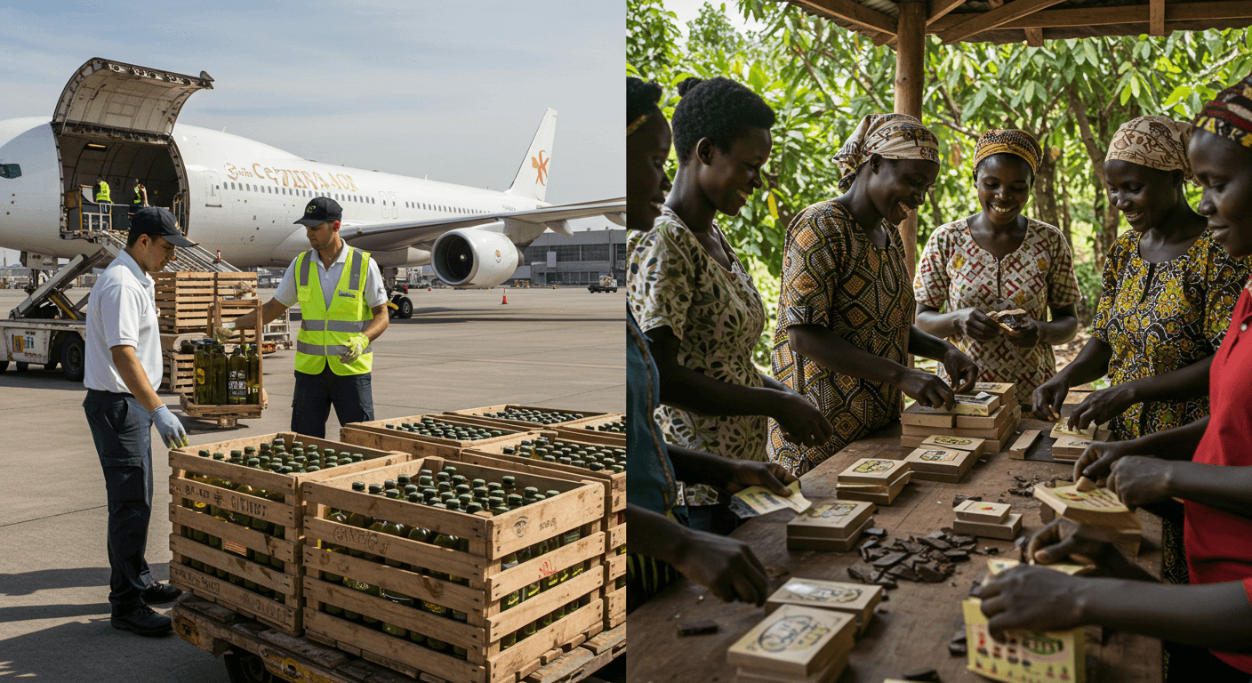 Estilo de tela dividida: à esquerda, um exportador espanhol de azeite carregando caixas em um avião de carga; à direita, uma cooperativa de cacau ganesa embalando barras de chocolate em caixas de presente. (Imagem gerada por IA)