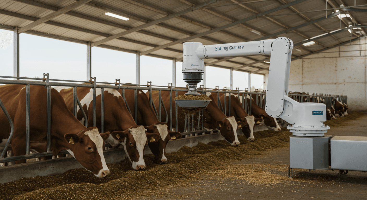 Un robot donne du tourteau de soja comme aliment au bétail laitier dans une ferme intérieure au Sénégal (image générée par IA).