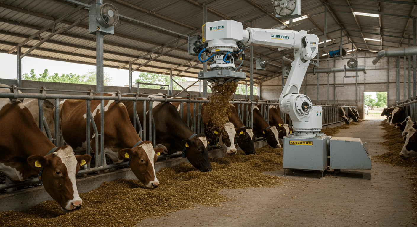 Un robot está dando torta de soja como alimento al ganado lechero en una granja cubierta en Senegal (imagen generada por IA).