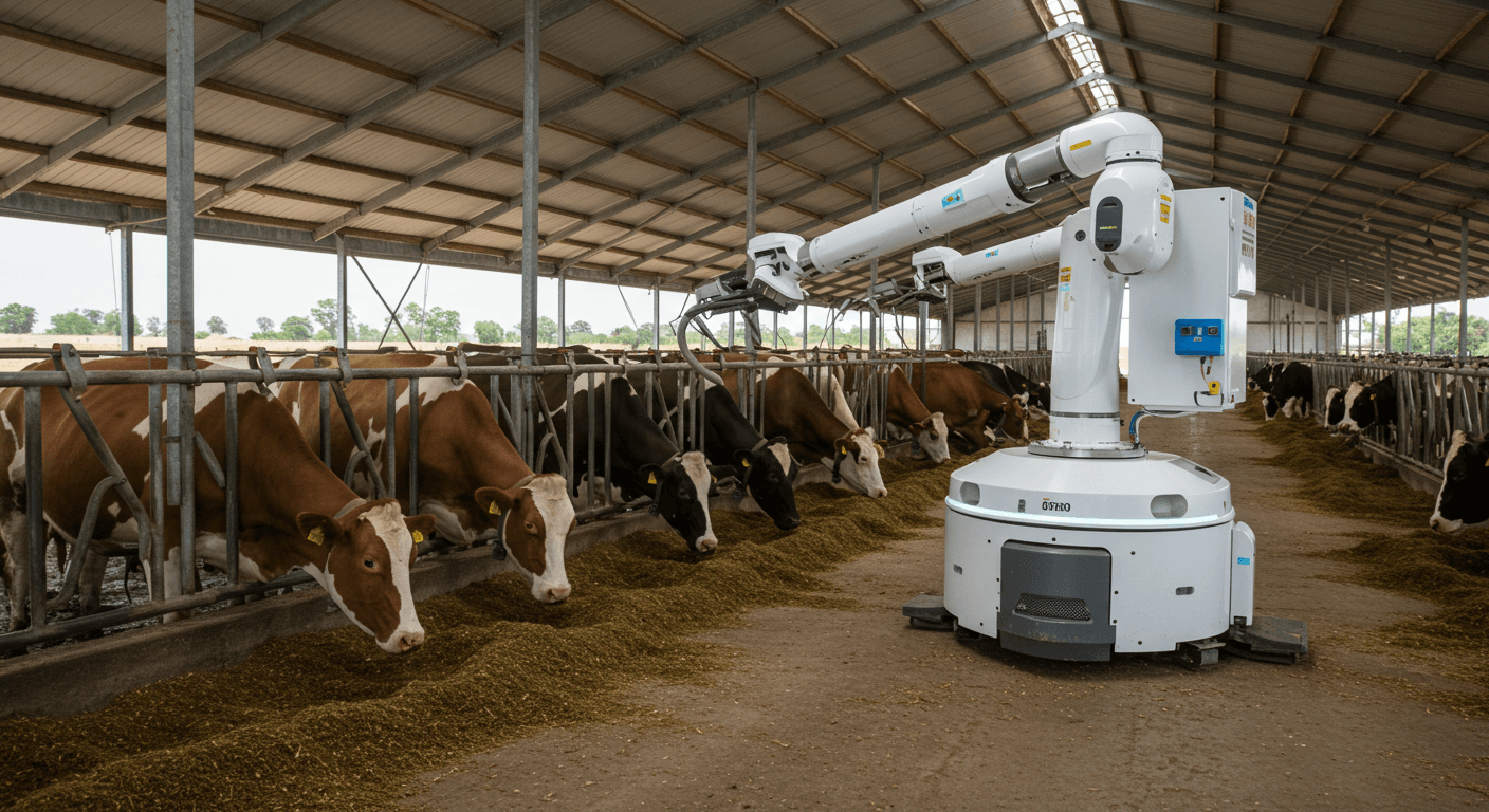 Um robô está fornecendo torta de soja como ração para bovinos leiteiros em uma fazenda coberta no Senegal (imagem gerada por IA).