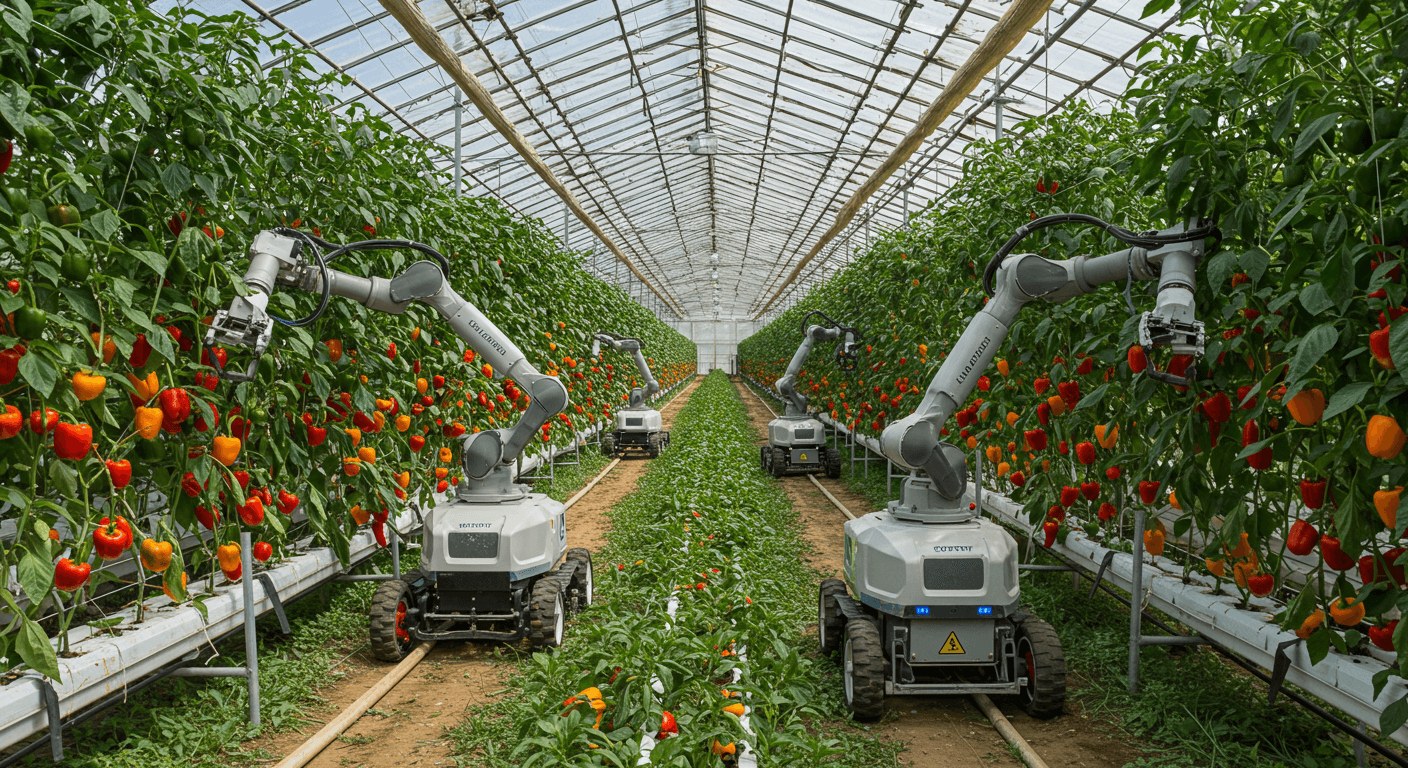 一群机器人正在科特迪瓦的一个水培温室里收获辣椒（AI生成的图像）。