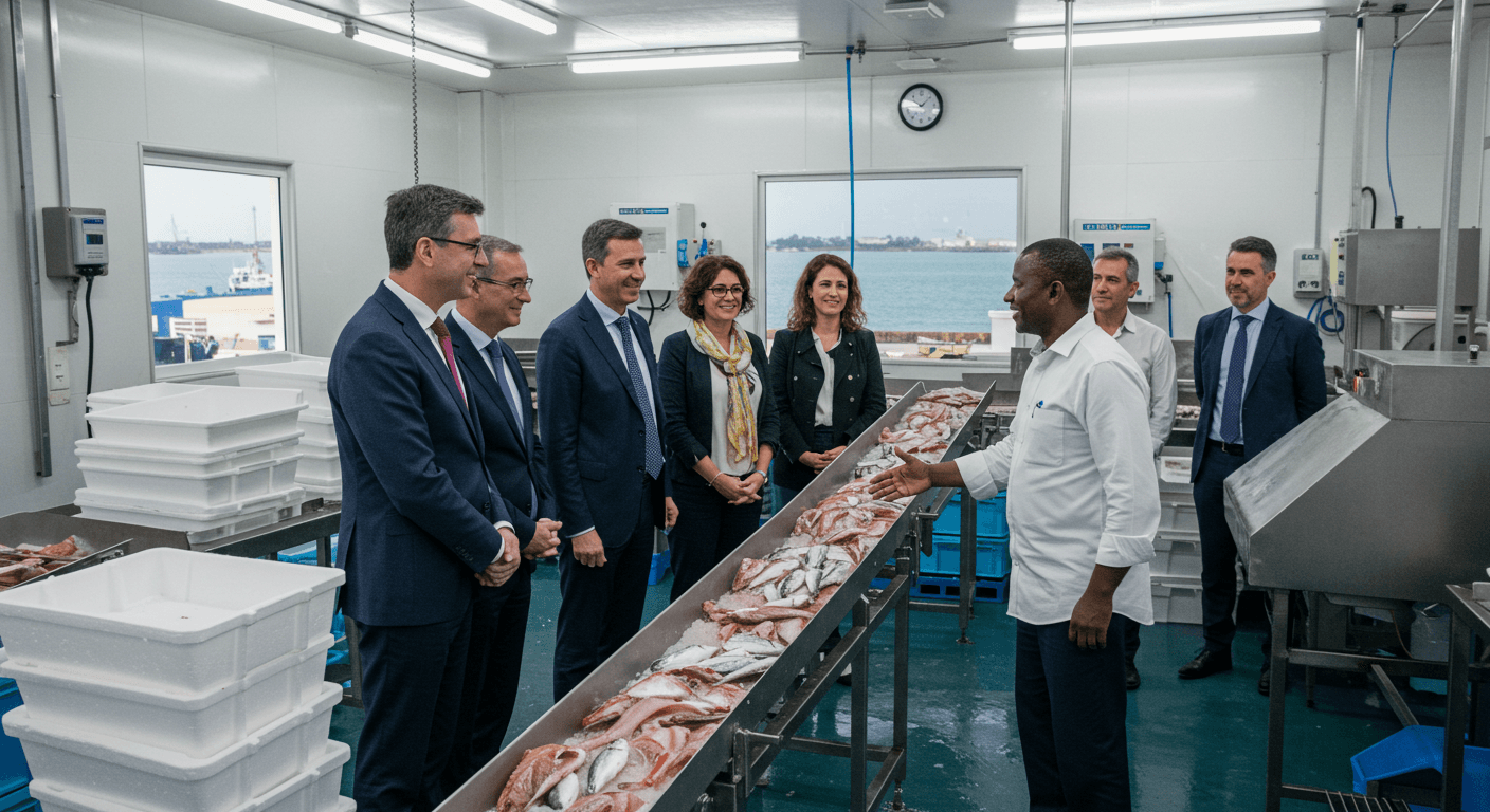 Der ivorische Eigentümer einer Meeresfrüchte-Verarbeitungsanlage empfing spanische Führungskräfte der Agrarindustrie zu einem Besuch (KI-generiertes Bild).