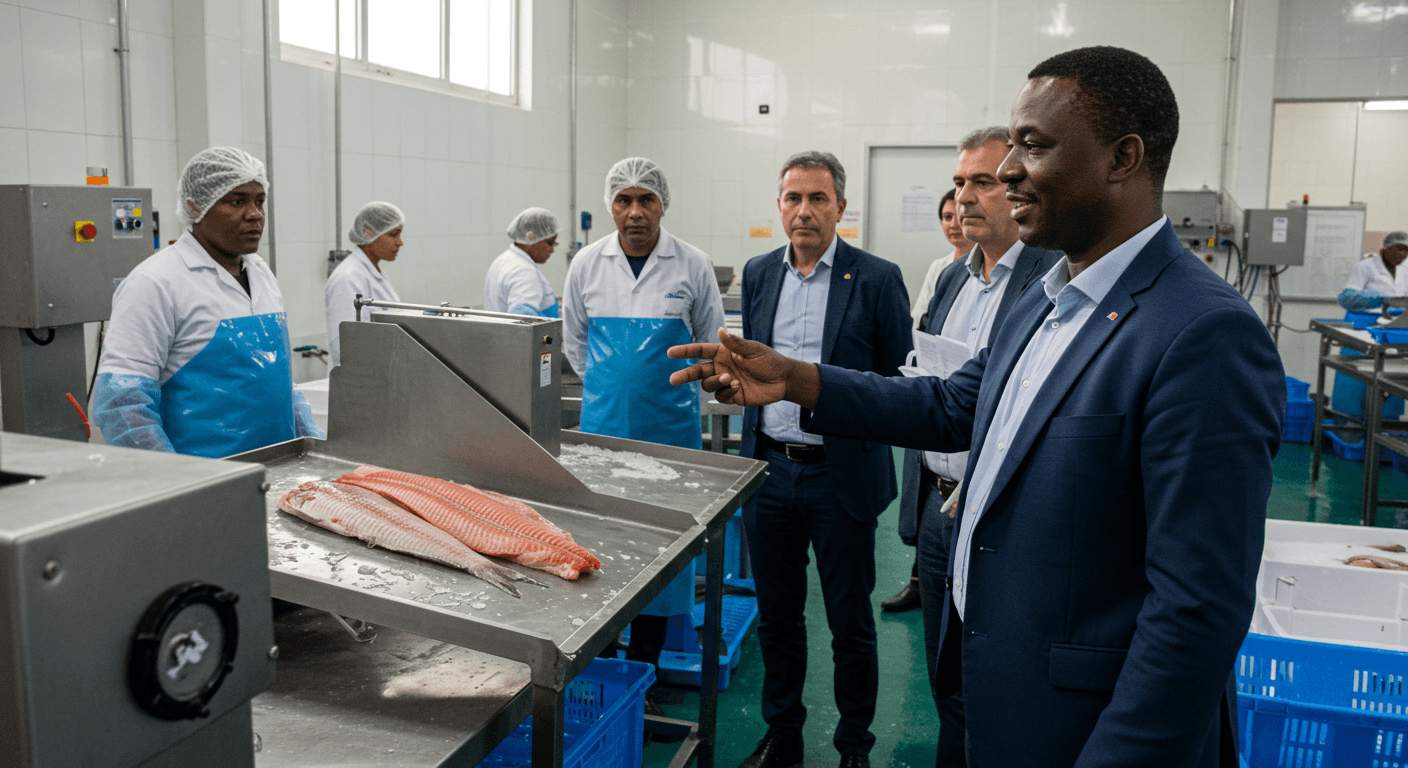 象牙海岸的一家海鲜加工厂的所有者接待了西班牙农业企业领袖参观（AI生成的图像）。