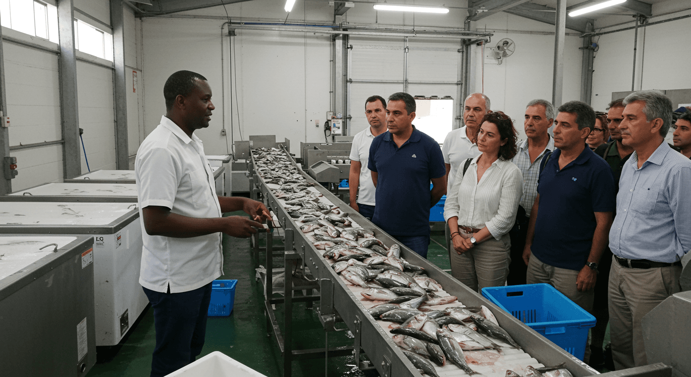 समुद्री भोजन प्रसंस्करण संयंत्र के आइवरी कोस्ट के मालिक ने एक दौरे के लिए स्पेनिश कृषि व्यवसाय के नेताओं का स्वागत किया (एआई-जनित छवि)।