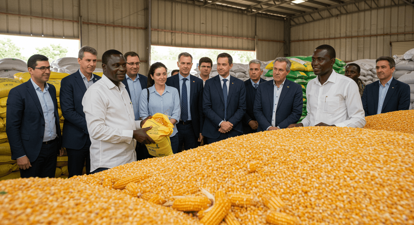 भूसे से भरे गोदाम के सेनेगल के मालिक ने एक दौरे के लिए स्पेनिश कृषि व्यवसाय के नेताओं का स्वागत किया (एआई-जनित छवि)।