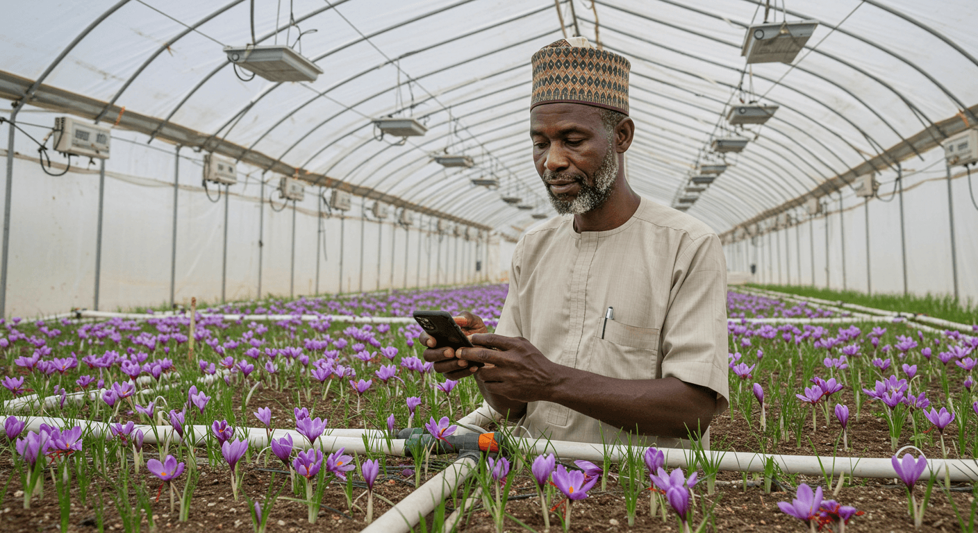 Ein nigerianischer Landwirt verwendet eine mobile App, um Safranpflanzen in einem Gewächshaus zu bewässern (KI-generiertes Bild).
