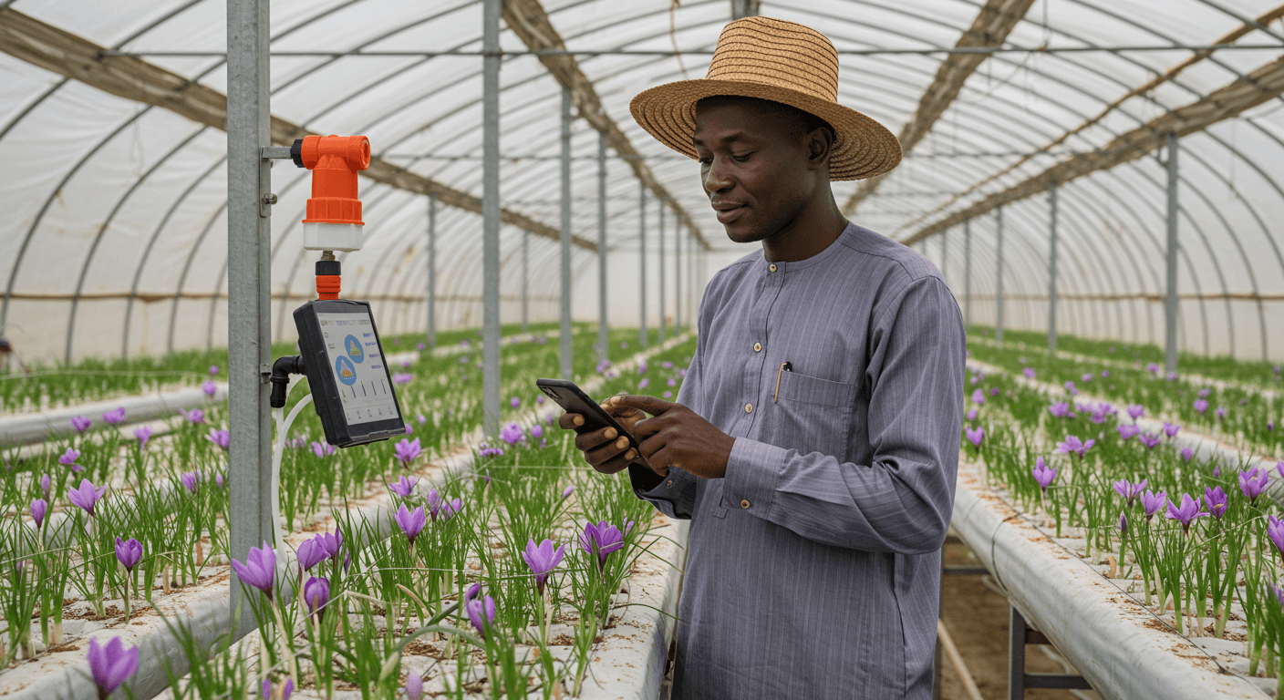 一名尼日利亚男性农民正在使用移动应用为温室中的藏红花植株浇水（AI生成的图像）。