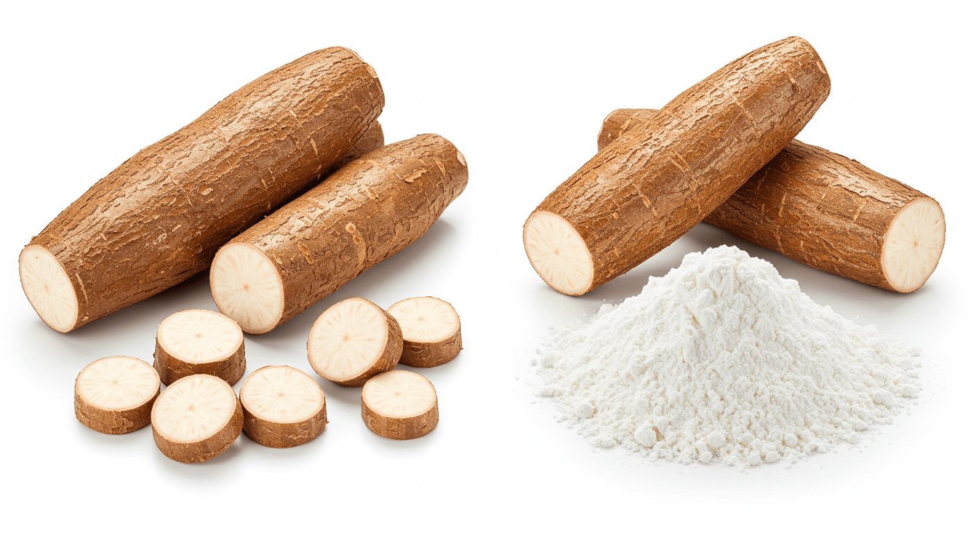 キャッサバの根とキャッサバでん粉が並んでいる（AI生成の画像）。