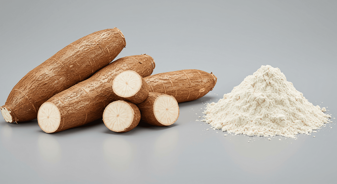 جذور الكسافا ونشا الكسافا جنبًا إلى جنب (صورة مُولَّدة بواسطة الذكاء الاصطناعي).