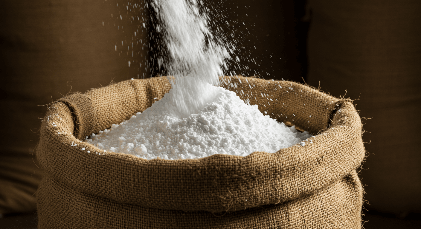 نشا الكسافا يتساقط في كيس وزنه 50 كغ (صورة مُولَّدة بواسطة الذكاء الاصطناعي).