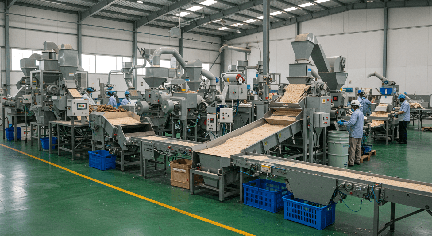 خط إنتاج نشا الكسافا (صورة مُولَّدة بواسطة الذكاء الاصطناعي).