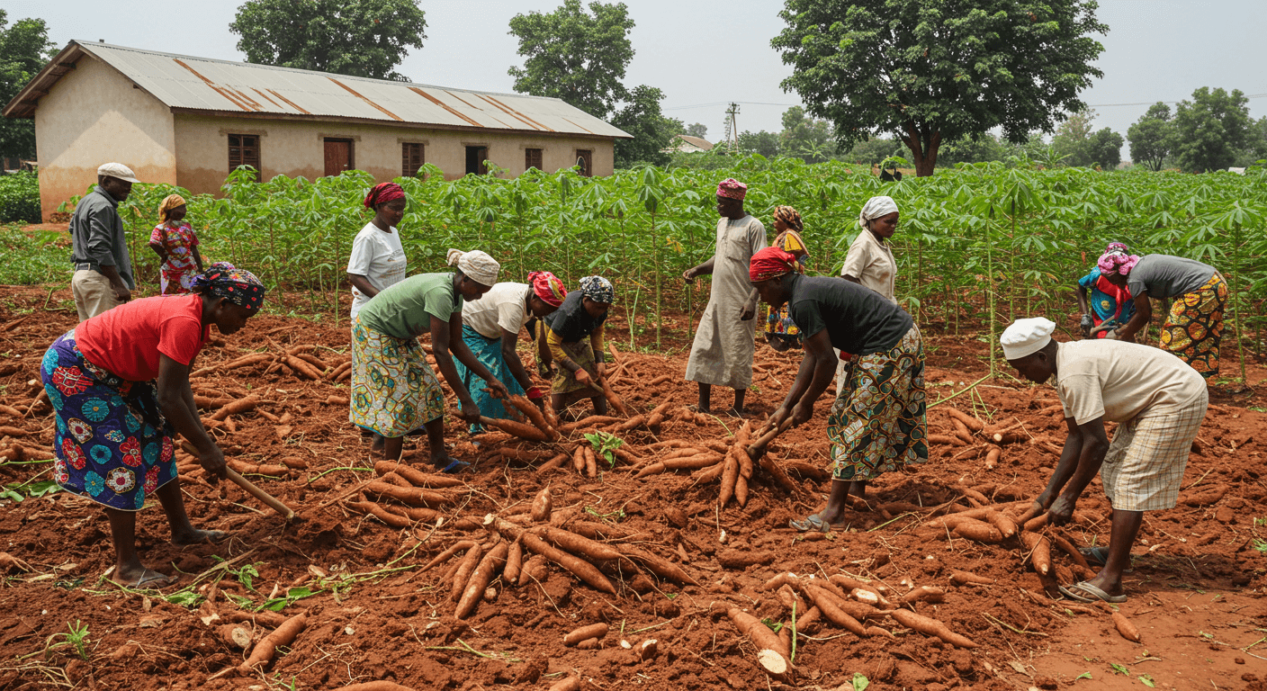 حصاد جذور الكسافا الطازجة (صورة مُولَّدة بواسطة الذكاء الاصطناعي).