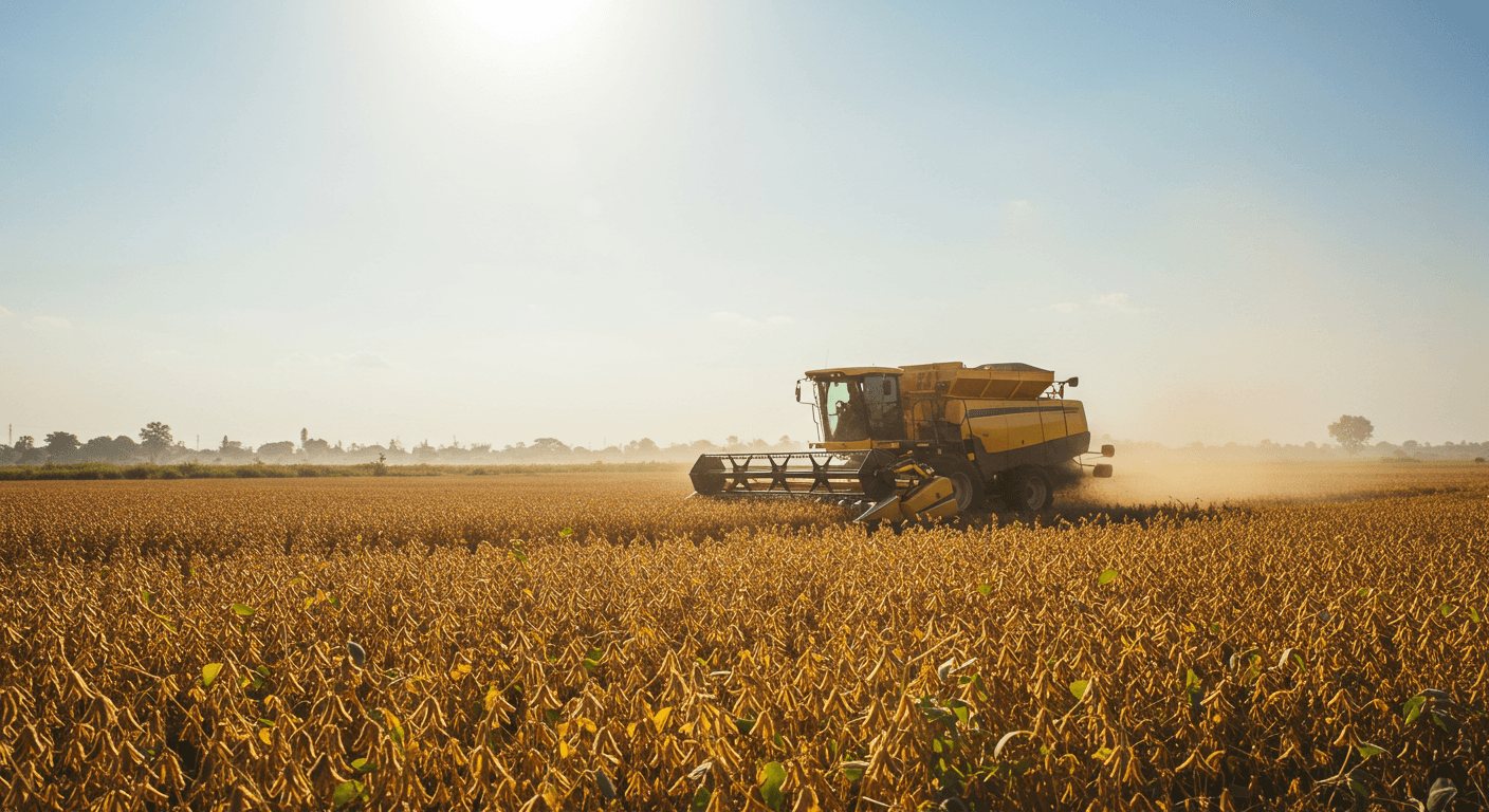 A soybean harvester is harvesting ripe soybeans in a field in Nigeria (AI-generated image).