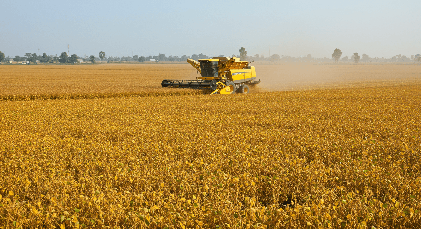 Una cosechadora de soja está cosechando soja madura en un campo en Nigeria (imagen generada por IA).