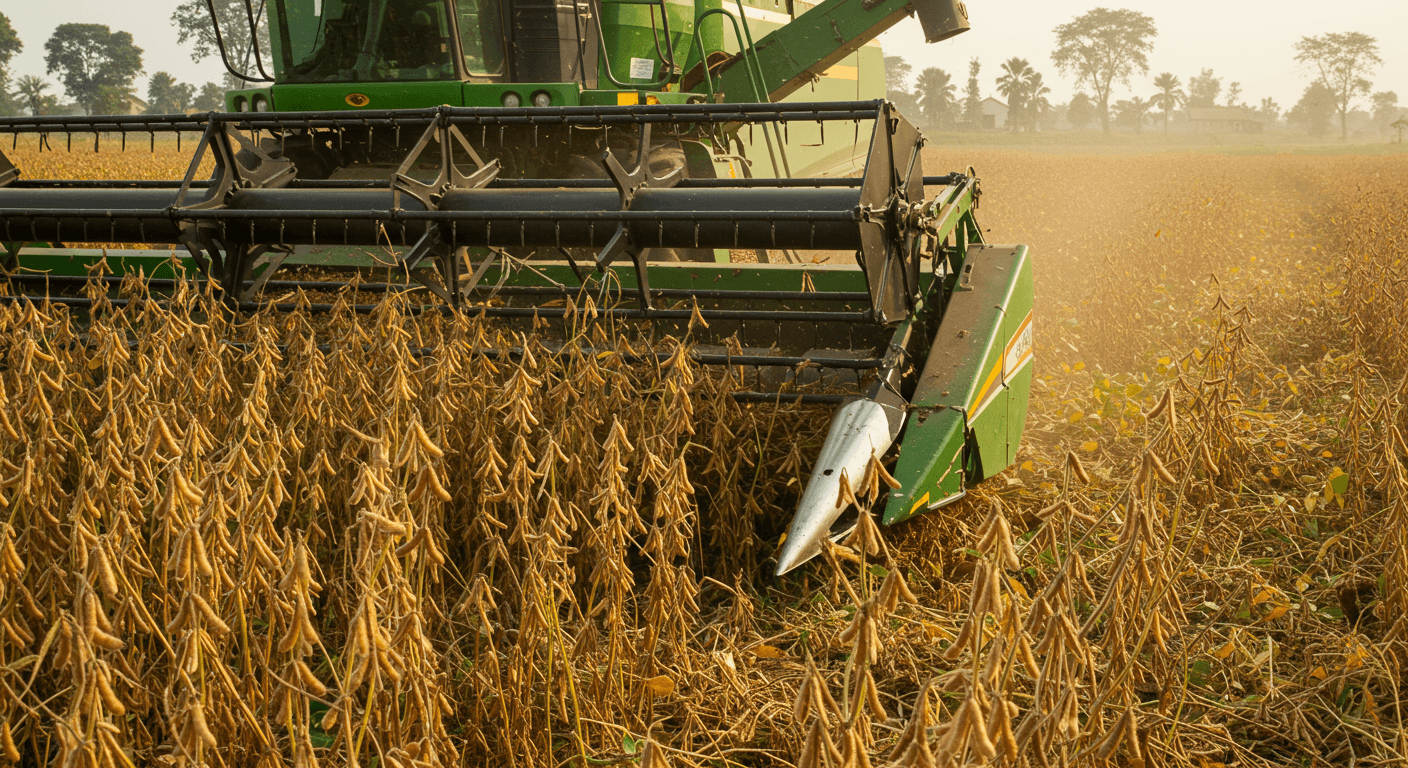 一台大豆收割机正在尼日利亚的一块田地里收割成熟的大豆（AI 生成的图像）。
