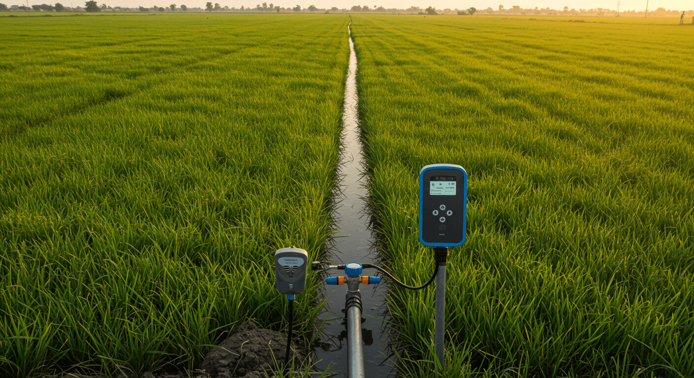 Um sensor de umidade do solo ao lado de um controlador de irrigação inteligente com vazão variável em um arrozal no Senegal (imagem gerada por IA).