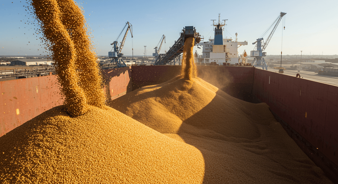 玉米粒在阿根廷装载到一艘散货船上（AI生成的图像）