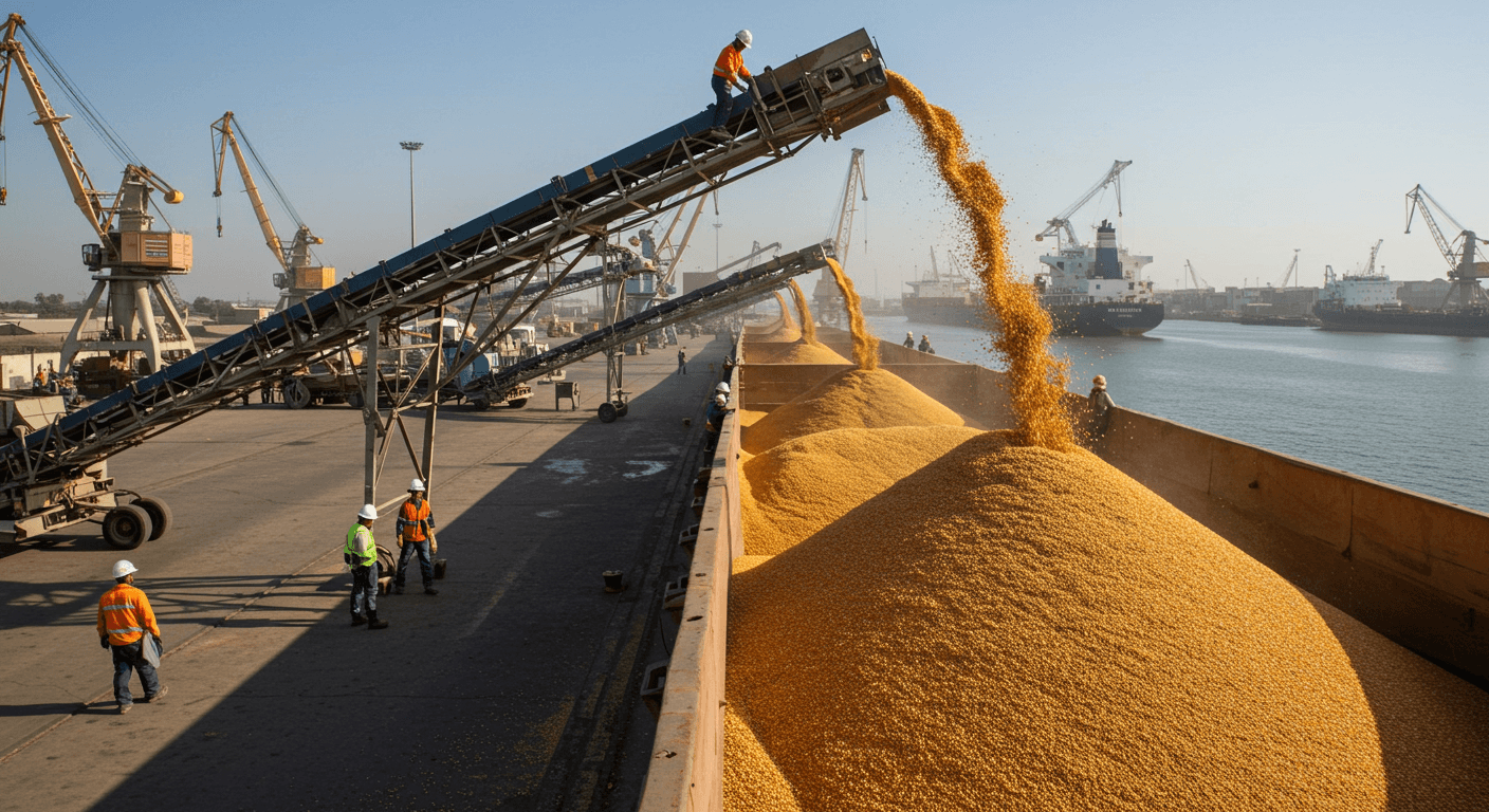 Granos de maíz cargados en un buque granelero en Argentina (imagen generada por IA)