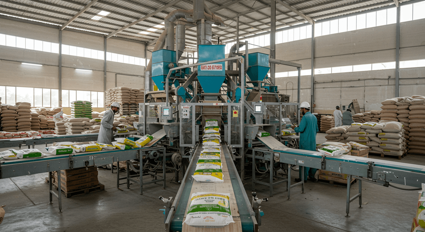 Rice is being packaged at a processing plant in India (AI-generated image).