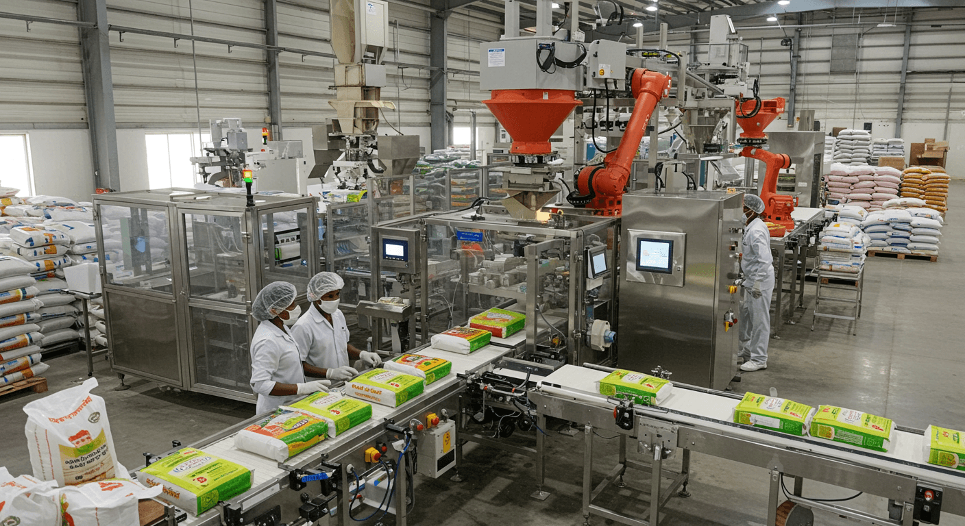 Conditionnement de riz dans une usine de transformation en Inde (image générée par IA).