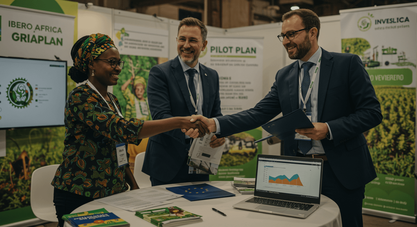 An African cooperative leader and a European agri-tech CEO shake hands. (AI-generated image.)