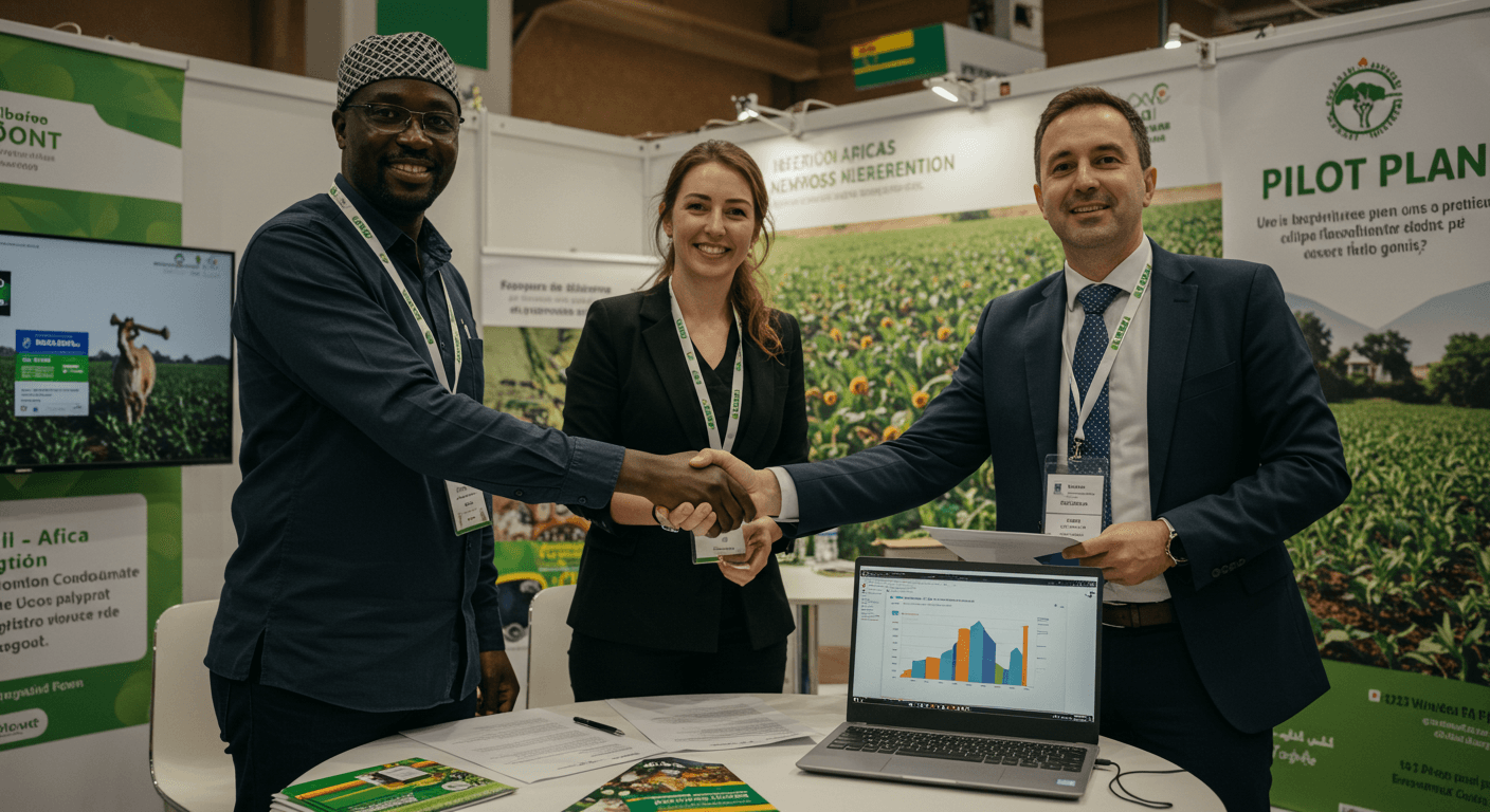 Un dirigente de una cooperativa africana y un director ejecutivo europeo de una empresa agri-tech se dan la mano. (Imagen generada por IA.)