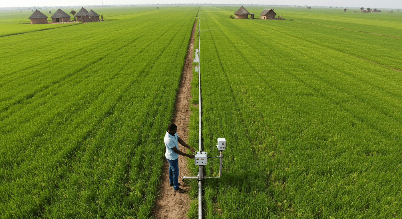一名技术人员在塞内加尔的一片稻田中，将一台土壤湿度传感器安装在一台智能可变速灌溉控制器旁。 （AI生成的图片。）