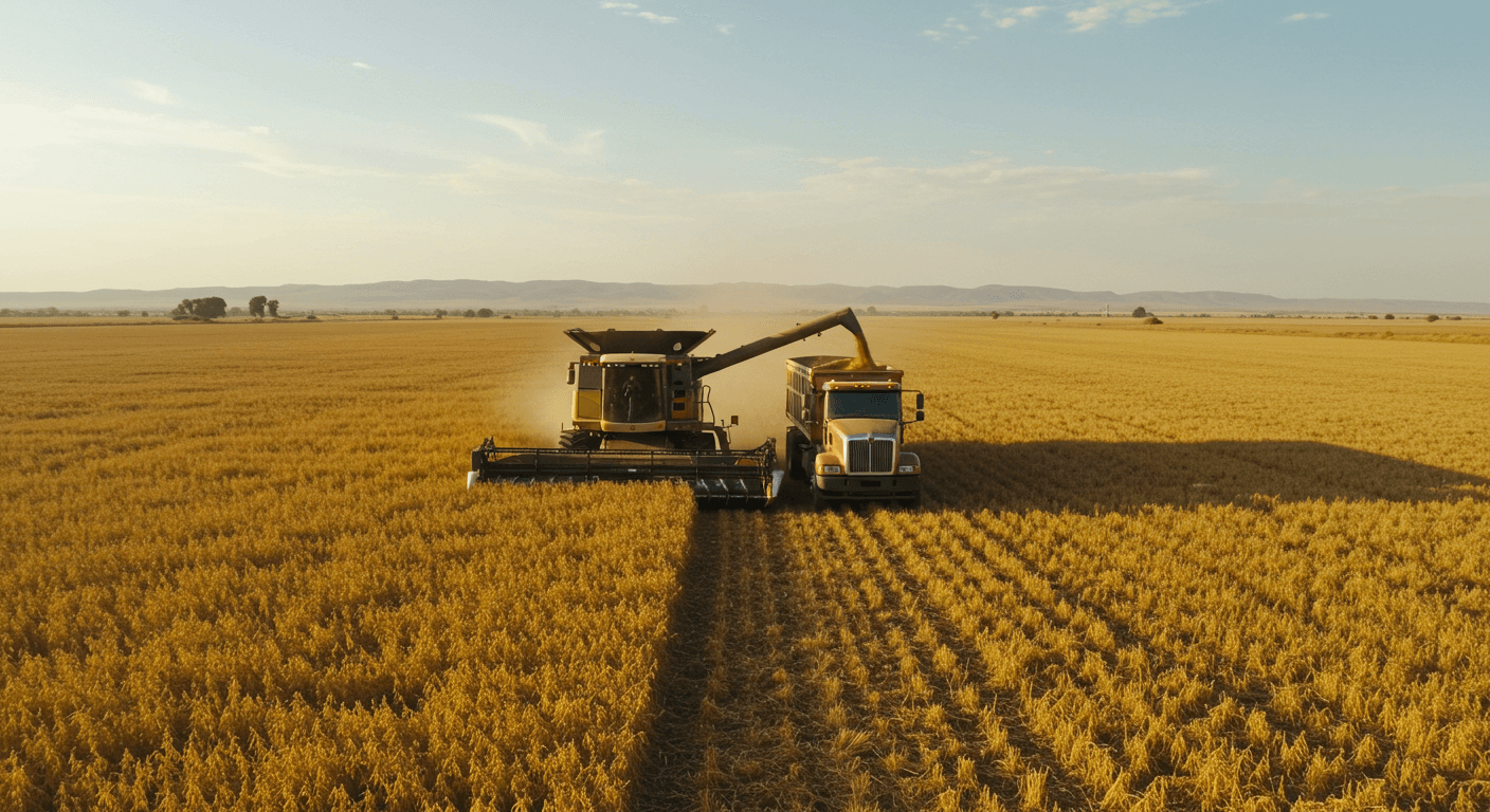 아르헨티나의 대두 밭에서 콤바인 수확기가 대두를 트럭에 싣고 있는 모습 (AI 생성 이미지)