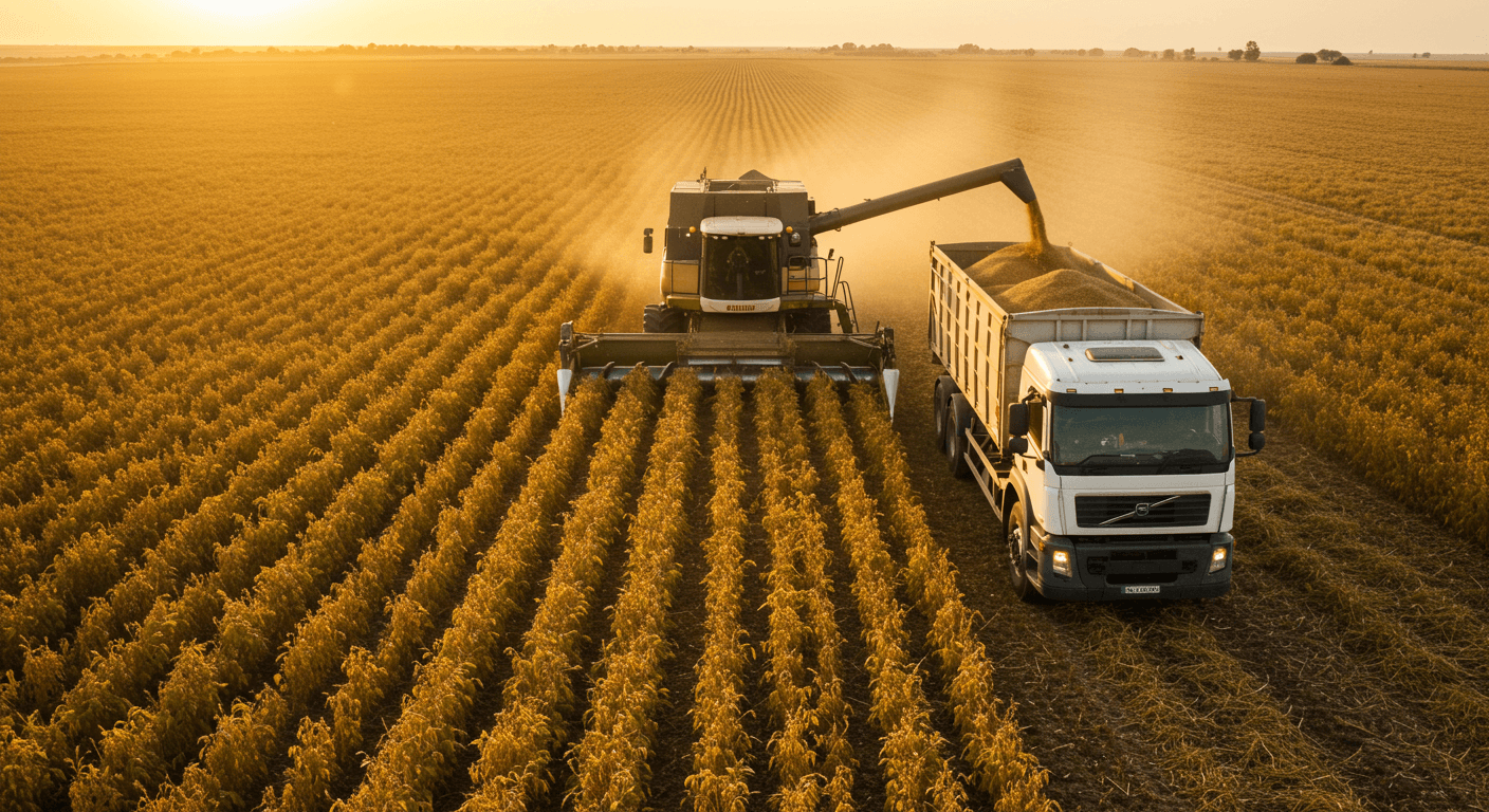 अर्जेंटीना के सोयाबीन खेत में एक कंबाइन हार्वेस्टर सोयाबीन को ट्रक में उतार रहा है (एआई-जनित छवि)