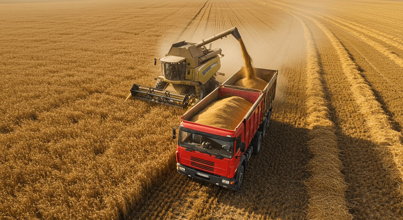 联合收割机正在将小麦卸入阿根廷一片麦田中的卡车里（AI生成的图像）