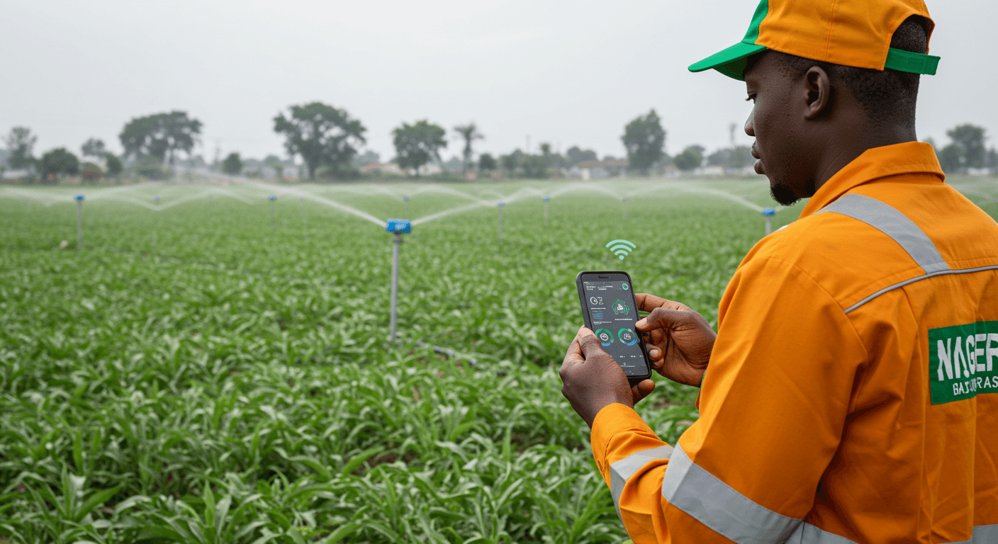 Um engenheiro nigeriano monitora um sistema de irrigação controlado por IA no seu celular (imagem gerada por IA).