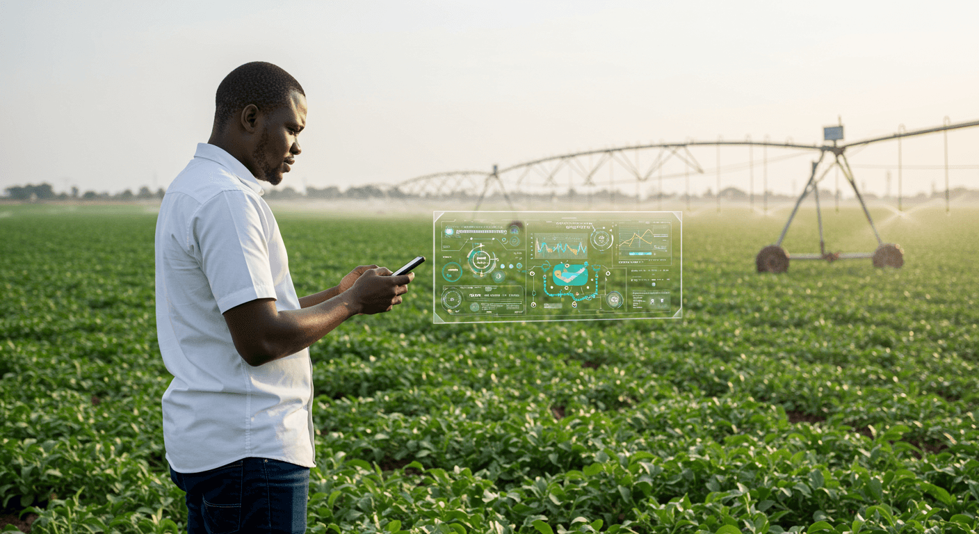 一名尼日利亚工程师通过手机监控由人工智能控制的灌溉系统（AI 生成的图像）。