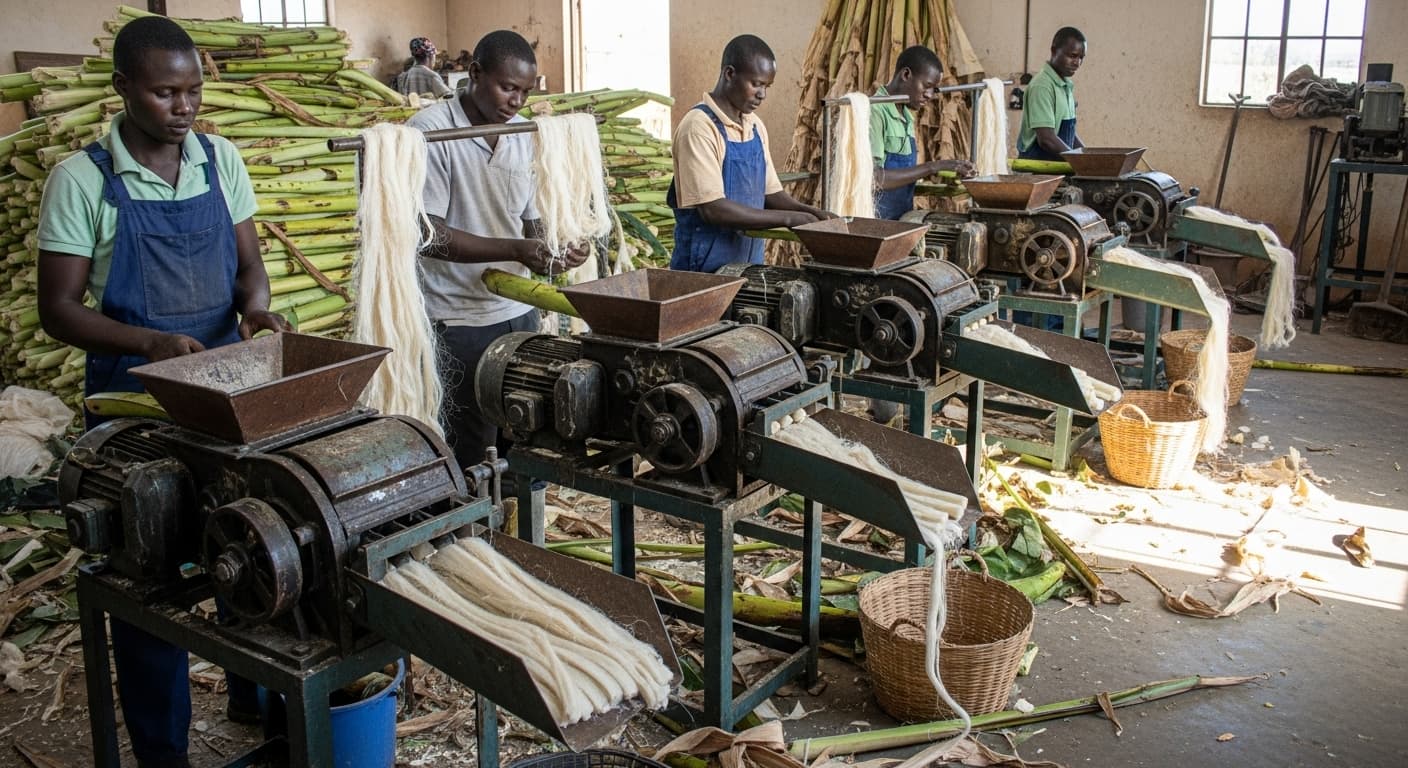 Macchine per l'estrazione della fibra di banana in Uganda (immagine generata dall'IA).