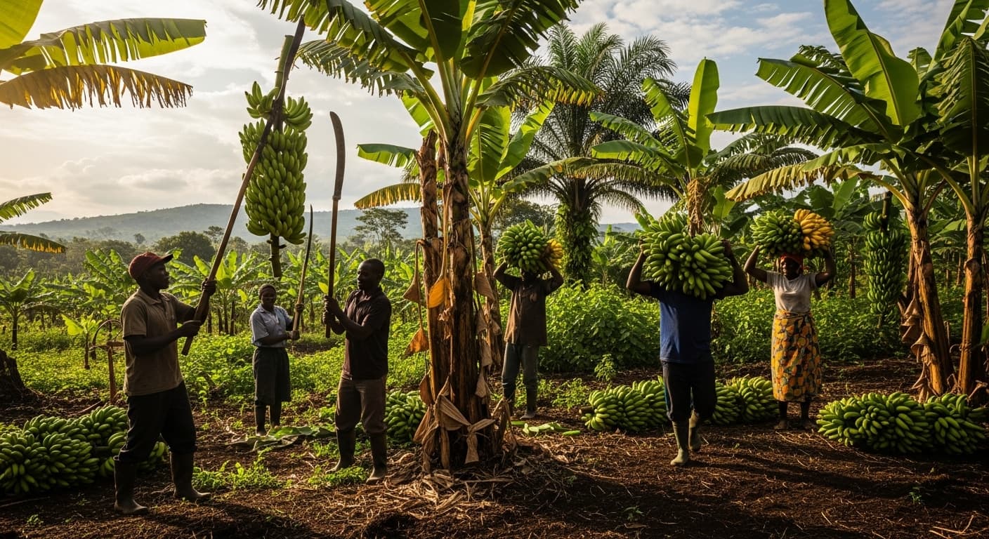 Agricoltori che raccolgono banane in Uganda (immagine generata dall'IA).