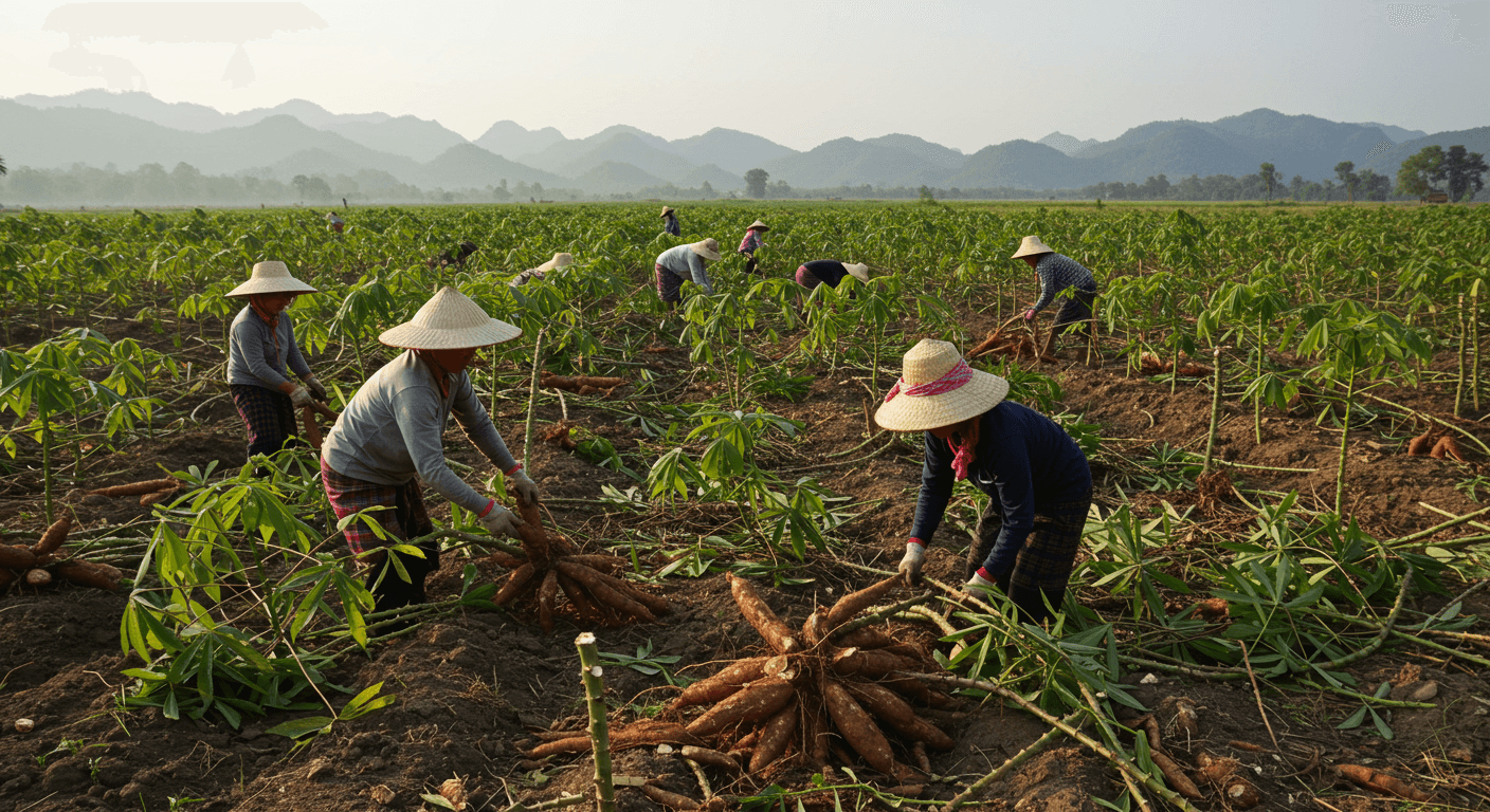 Colheita de mandioca no Laos (imagem gerada por IA)
