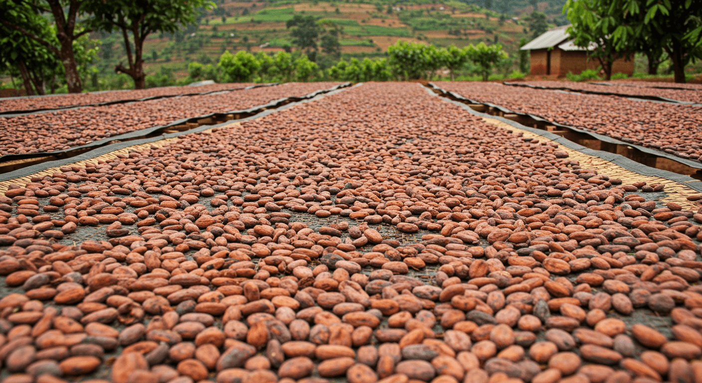 Granos de cacao secándose en Uganda (imagen generada por IA).