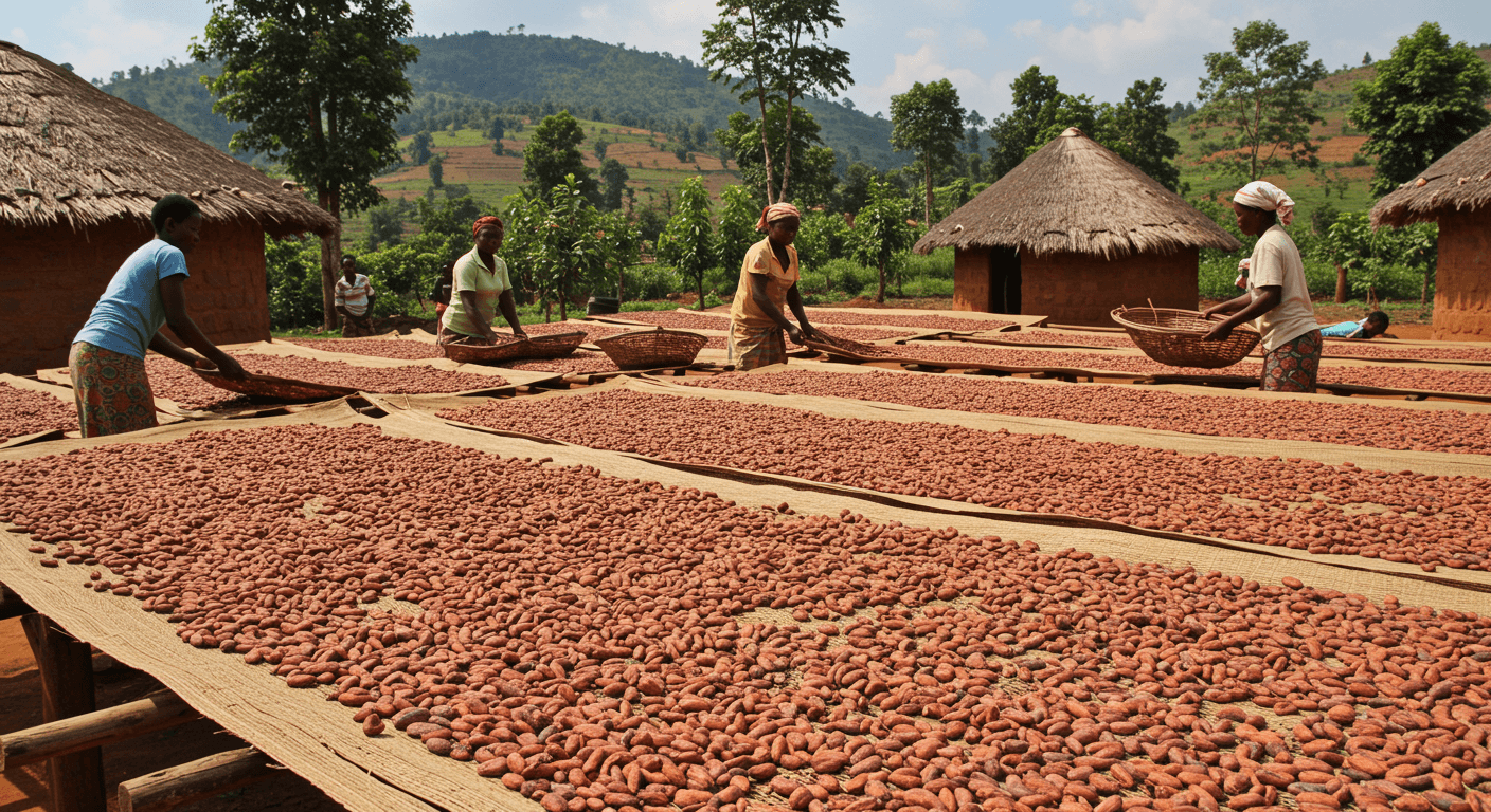 Fèves de cacao en train de sécher en Ouganda (image générée par IA).