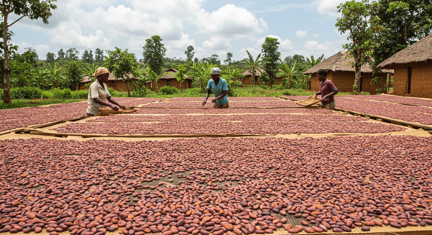 Cocoa beans drying in Uganda (AI-generated image).