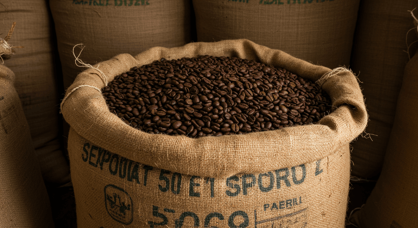 Biji kopi dalam karung 50 kg siap diekspor dari Peru (gambar yang dibuat oleh AI).