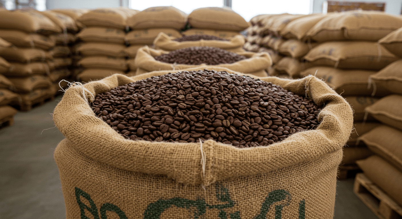 Kaffeebohnen in einem 50-kg-Sack, bereit für den Export aus Peru (KI-generiertes Bild).