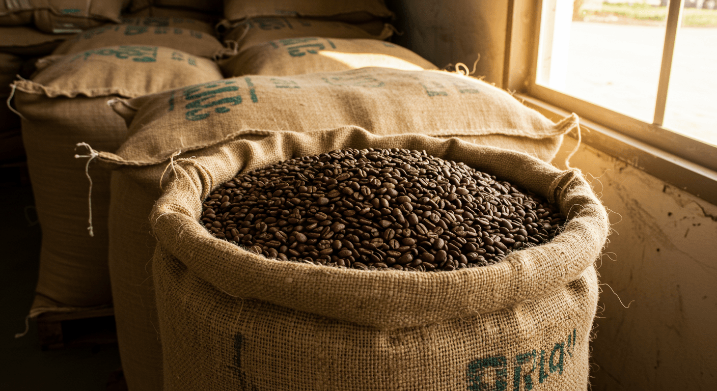 पेरू से निर्यात के लिए तैयार 50-किग्रा के बैग में कॉफी के दाने (AI-जनित छवि)।