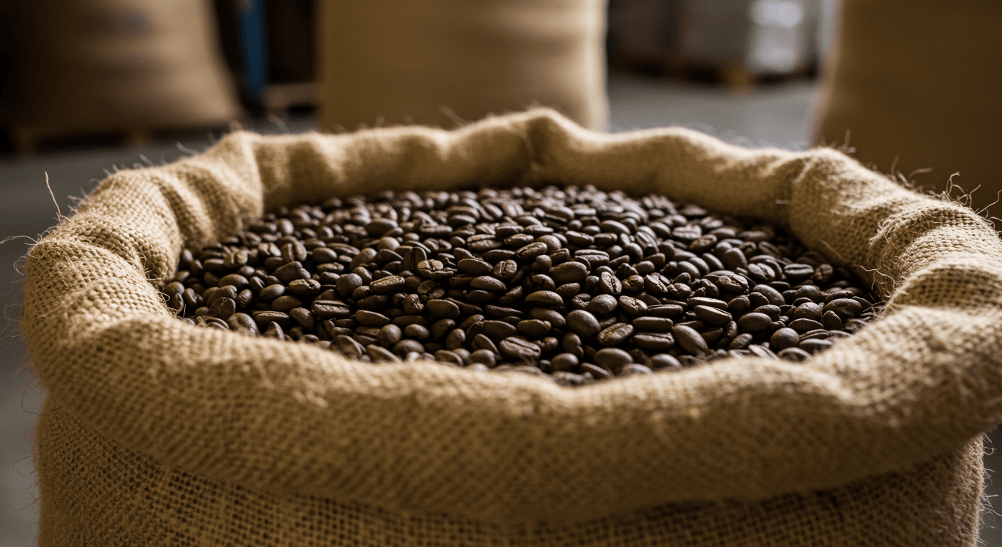 Chicchi di caffè in un sacco da 50 kg pronti per l'esportazione dal Perù (immagine generata dall'IA).