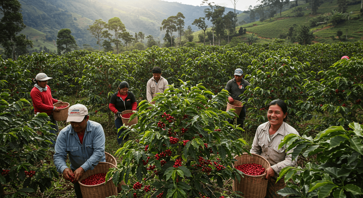 Récolte de cerises de café au Pérou, Amérique du Sud (image générée par l'IA).