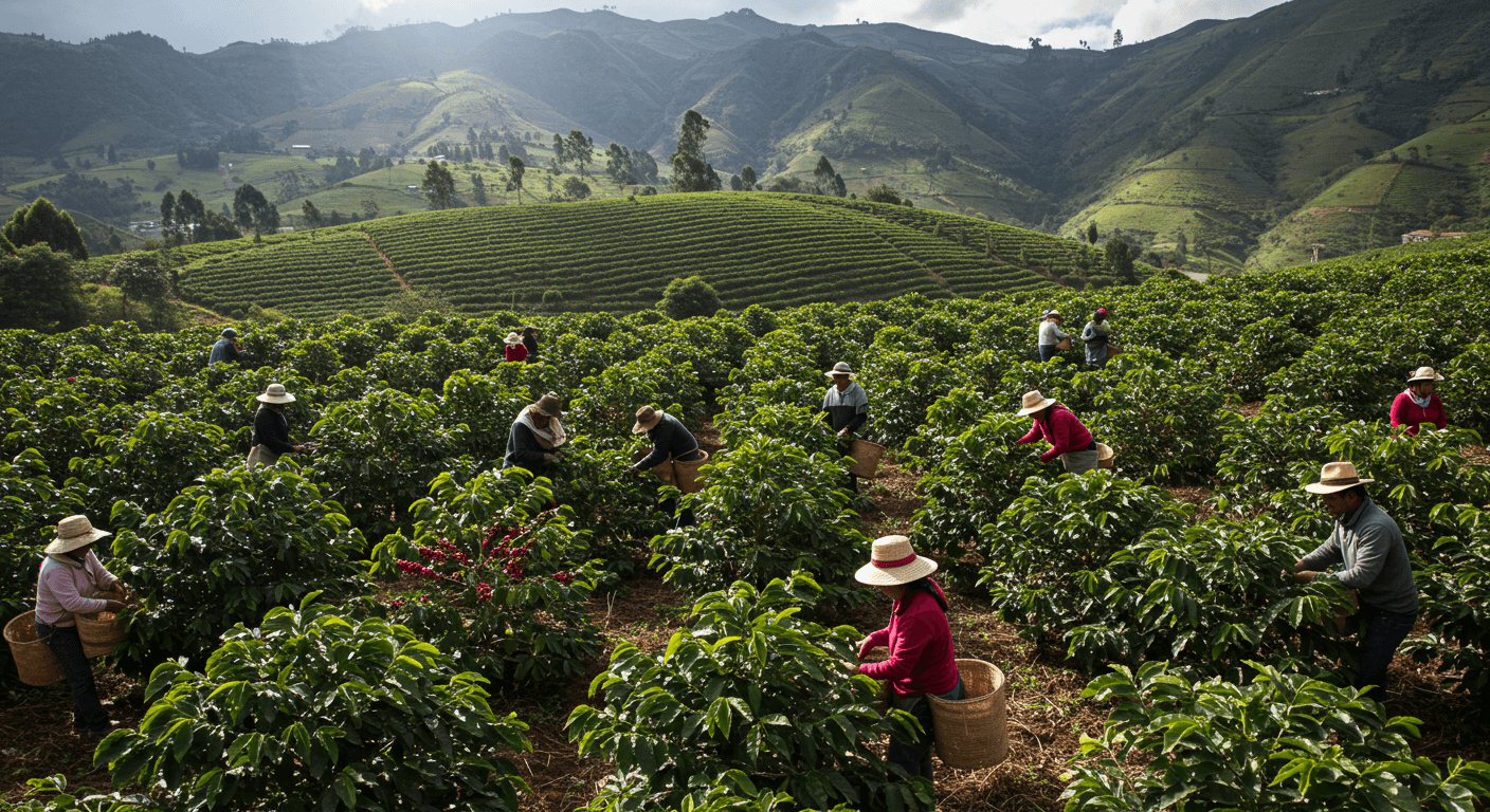 페루(남아메리카)의 커피 체리 수확 (AI 생성 이미지).