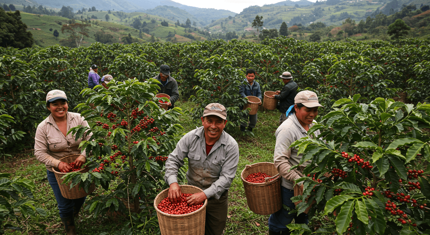 Cosecha de cerezas de café en Perú, Sudamérica (imagen generada por IA).