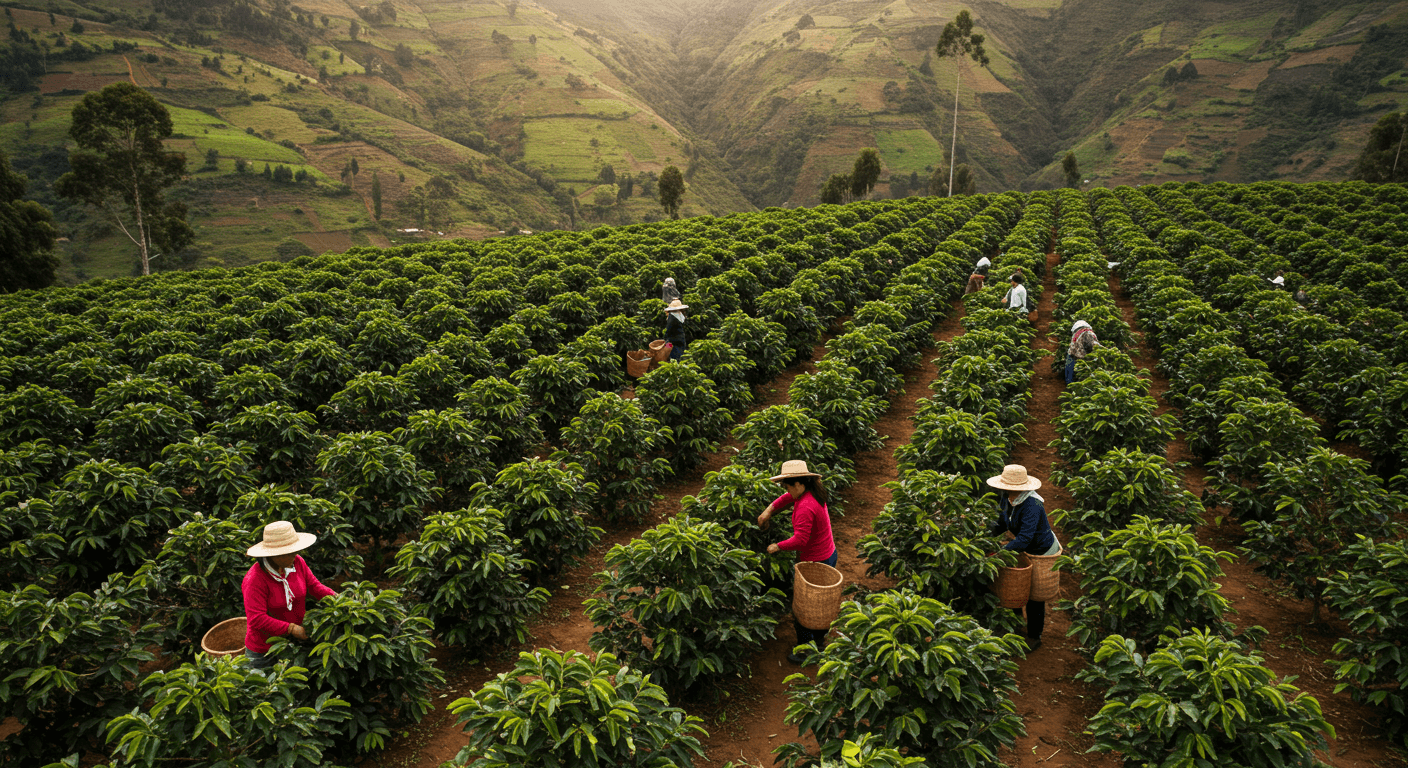 Colheita de cerejas de café no Peru, América do Sul (imagem gerada por IA).
