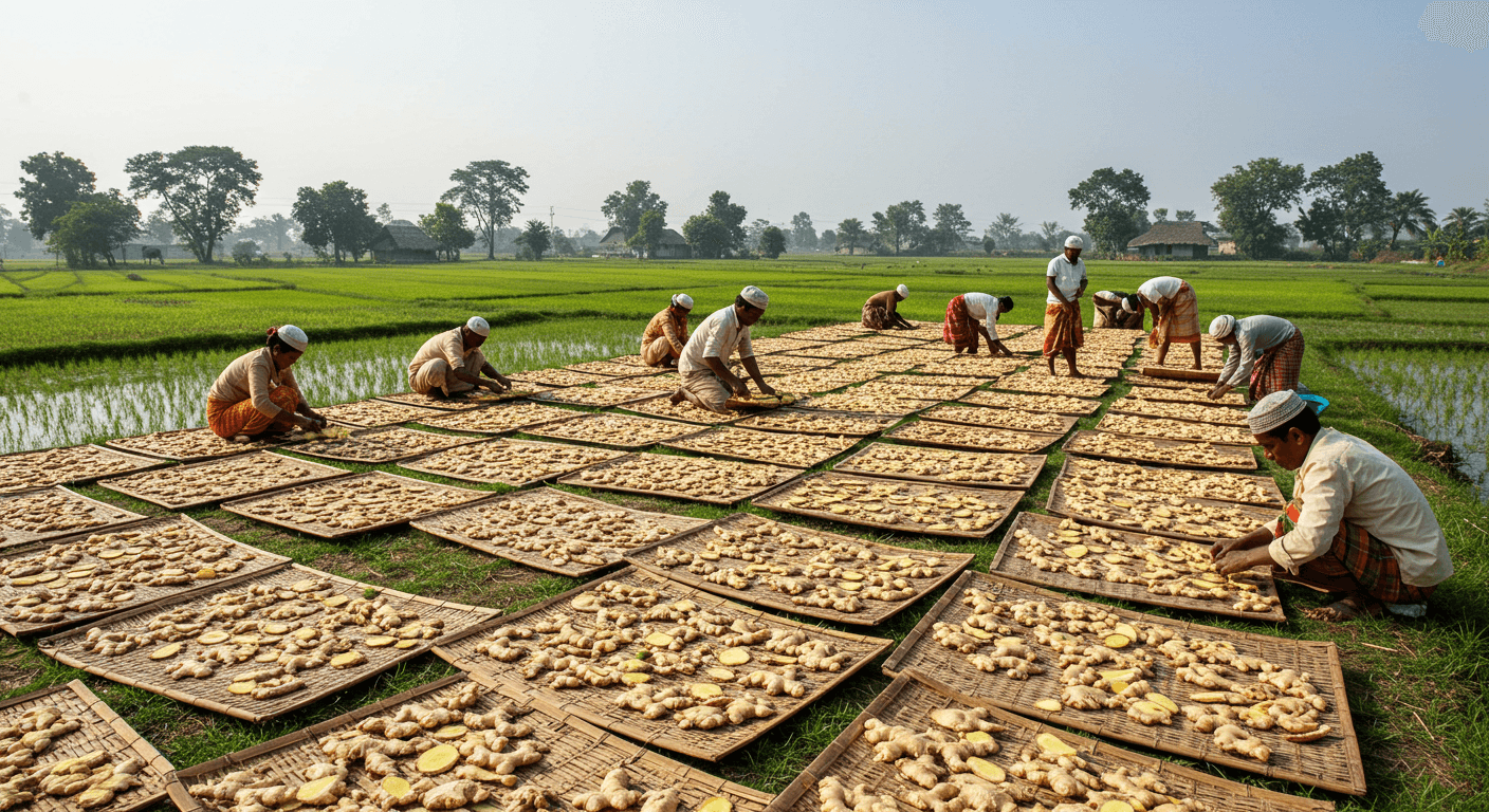 Agricultores secando jengibre en rodajas en Bangladés (imagen generada por IA)