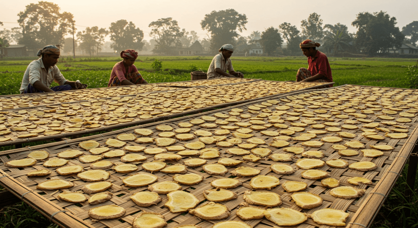 Agricoltori che essiccano zenzero affettato in Bangladesh (immagine generata dall'IA)